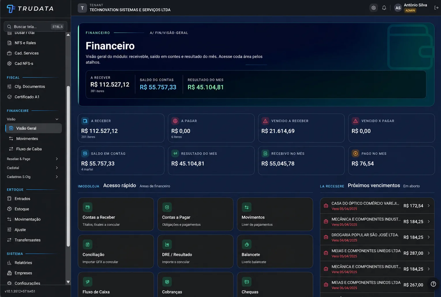 Tela do módulo financeiro do Trudata ERP com contas a receber, a pagar, saldo em contas e resultado do mês